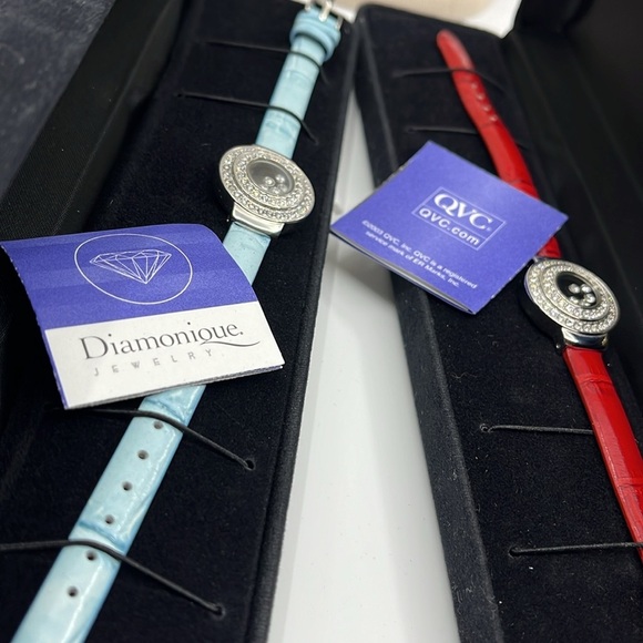 Vintage Diamonique Faux Watch Bracelets (2) - Red & Blue Bands with CZ Accents - Picture 10 of 10